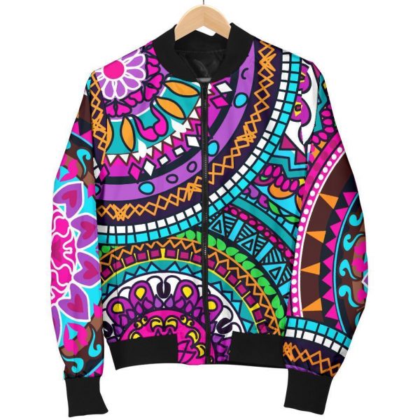 Purple Teal Circle Mandala Print Bomber Jacket