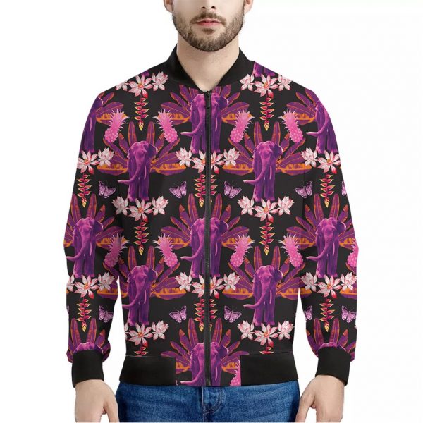 Purple Tropical Elephant Pattern Print Bomber Jacket