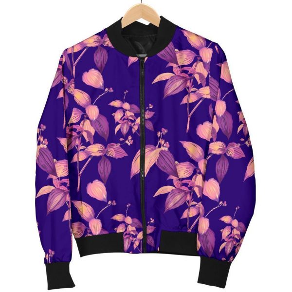 Purple Tropical Hawaiian Pattern Print Bomber Jacket