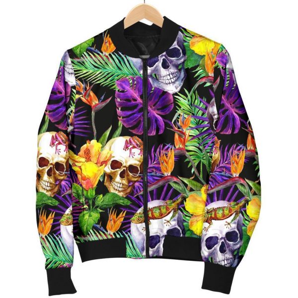 Purple Tropical Skull Pattern Print Bomber Jacket