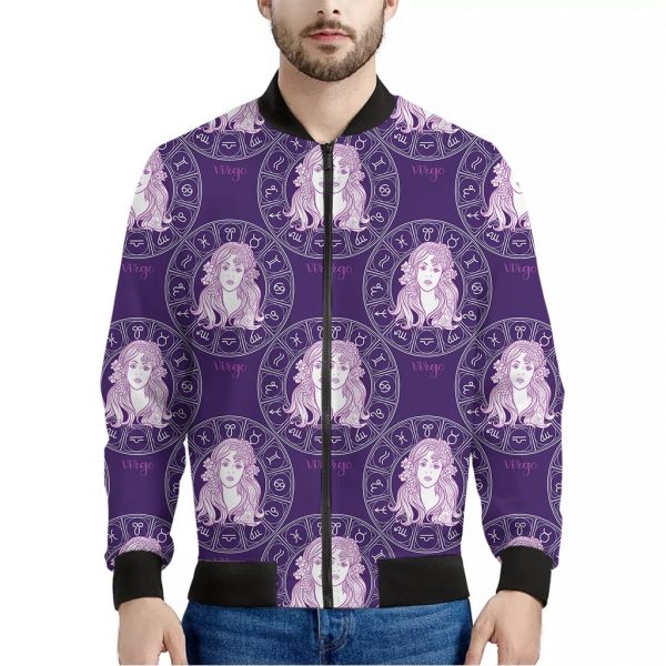 Purple Virgo Zodiac Pattern Print Bomber Jacket