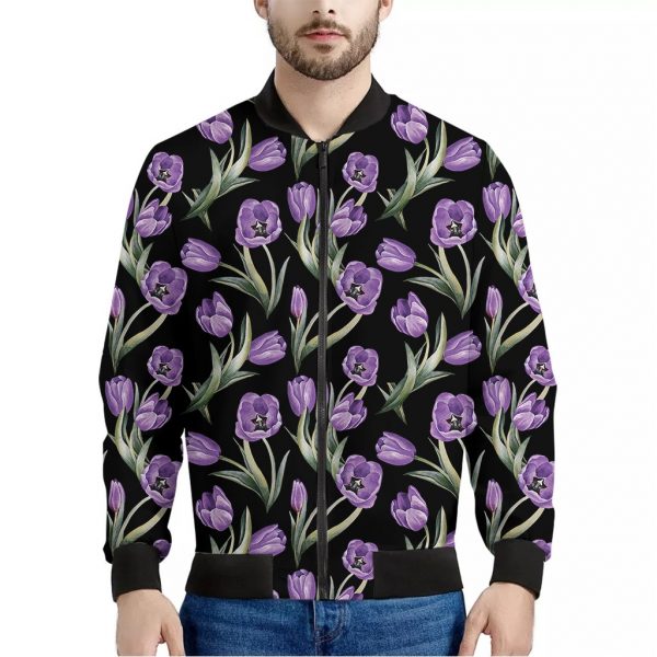 Purple Watercolor Tulip Pattern Print Bomber Jacket