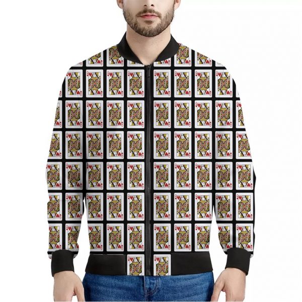 Queen Of Hearts Playing Card Pattern Print Bomber Jacket