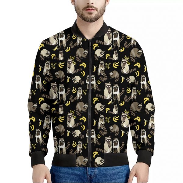 Raccoon And Banana Pattern Print Bomber Jacket