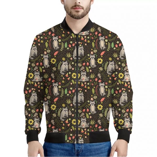 Raccoon And Floral Pattern Print Bomber Jacket