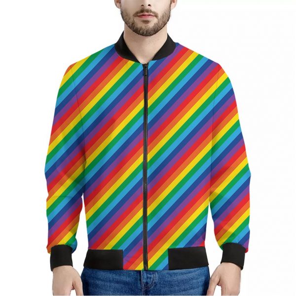 Rainbow Diagonal Striped Pattern Print Bomber Jacket