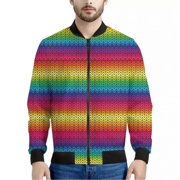 Rainbow Knitted Mexican Pattern Print Bomber Jacket