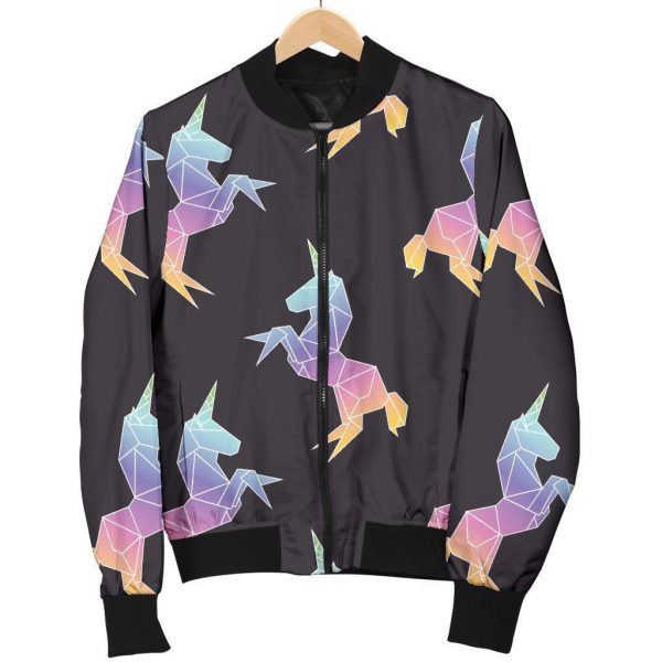 Rainbow Origami Unicorn Pattern Print Bomber Jacket