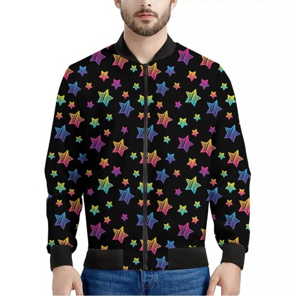 Rainbow Stars Pattern Print Bomber Jacket