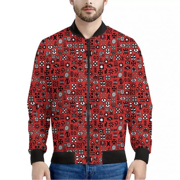 Red Adinkra Tribe Symbols Print Bomber Jacket