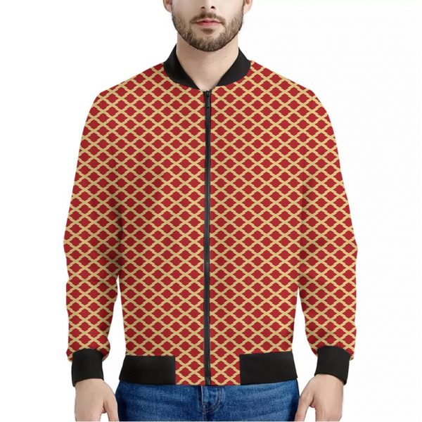 Red And Beige Japanese Pattern Print Bomber Jacket