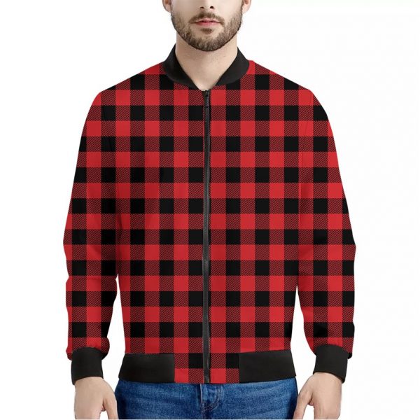 Red And Black Buffalo Check Print Bomber Jacket