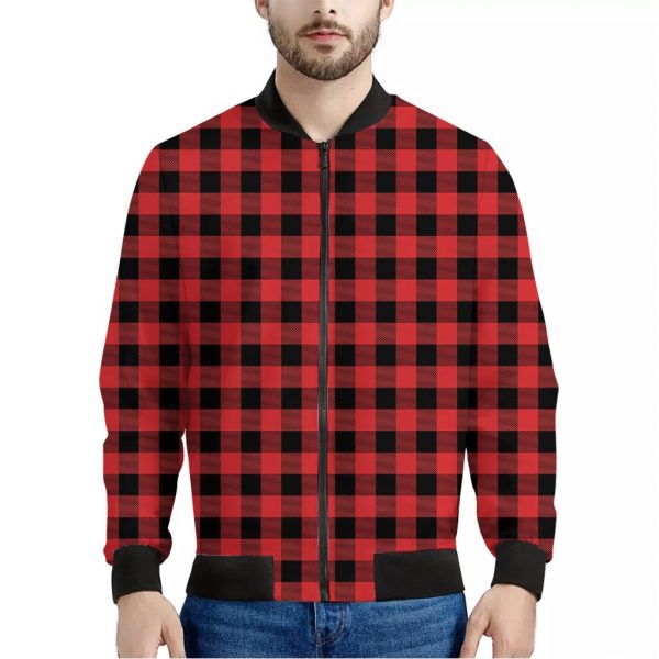Red And Black Buffalo Plaid Print Bomber Jacket