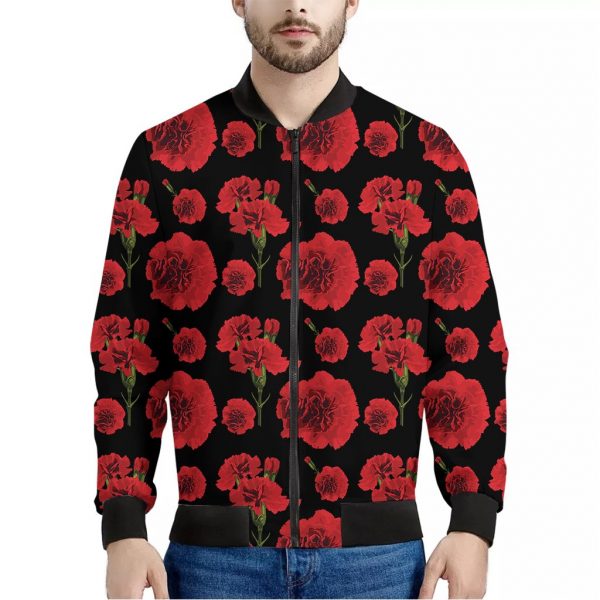 Red And Black Carnation Pattern Print Bomber Jacket
