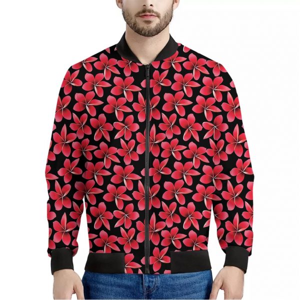 Red And Black Frangipani Pattern Print Bomber Jacket