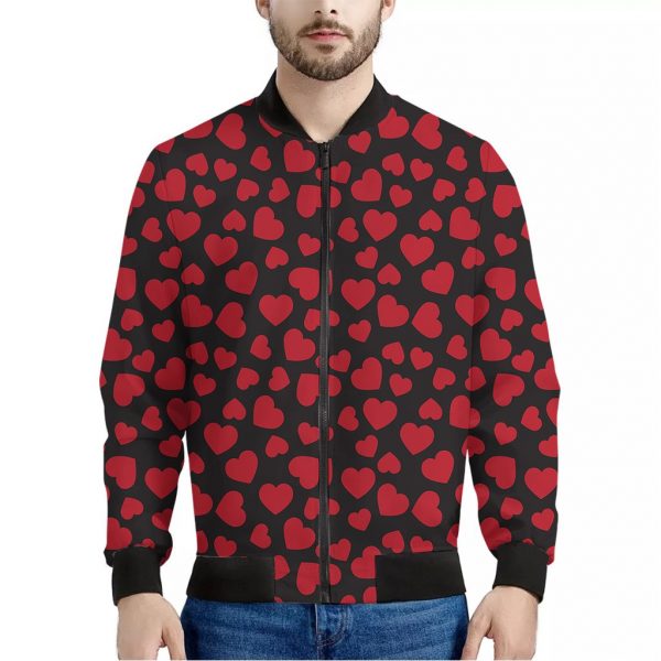 Red And Black Heart Pattern Print Bomber Jacket