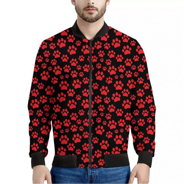 Red And Black Paw Pattern Print Bomber Jacket