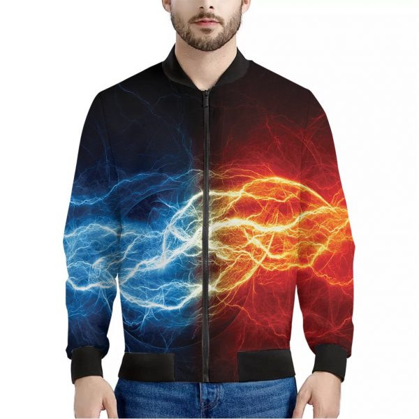 Red And Blue Lightning Print Bomber Jacket