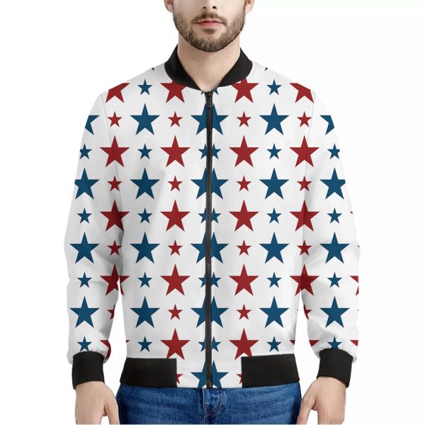 Red And Blue USA Star Pattern Print Bomber Jacket