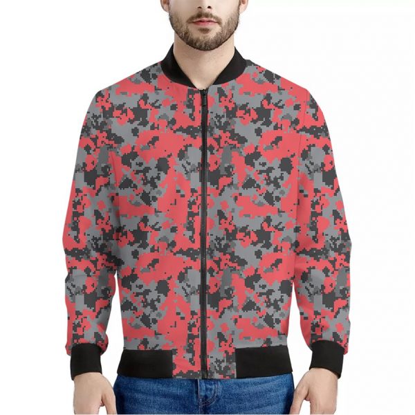 Red And Grey Digital Camo Pattern Print Bomber Jacket
