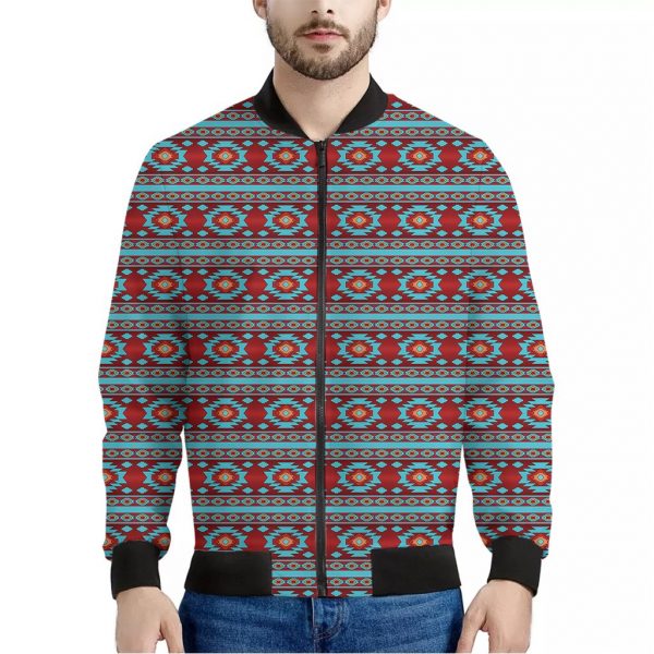 Red And Teal Southwestern Pattern Print Bomber Jacket