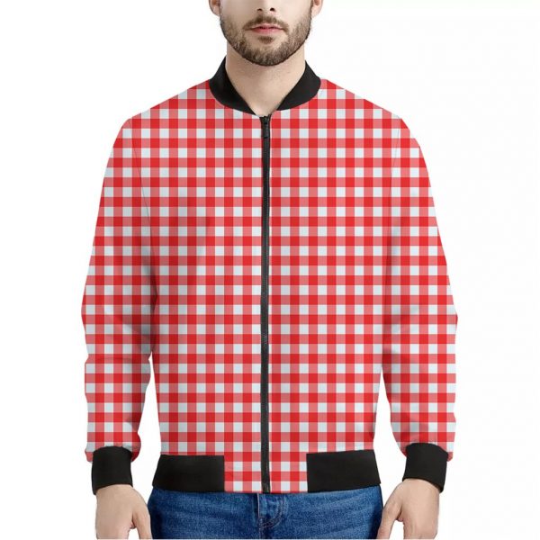 Red And White Check Pattern Print Bomber Jacket