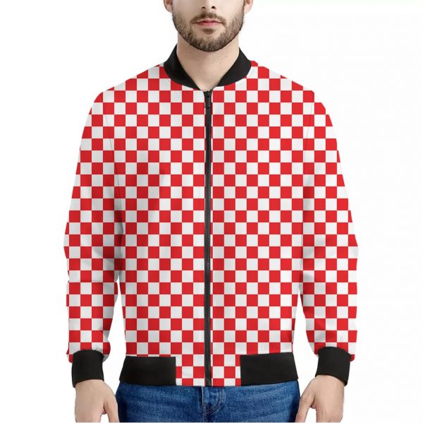 Red And White Checkered Pattern Print Bomber Jacket