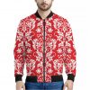 Red And White Damask Pattern Print Bomber Jacket