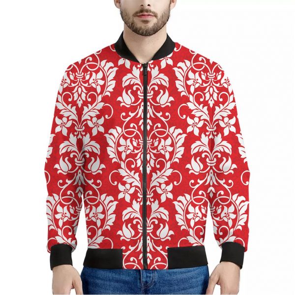 Red And White Damask Pattern Print Bomber Jacket