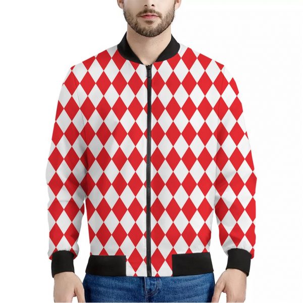 Red And White Harlequin Pattern Print Bomber Jacket