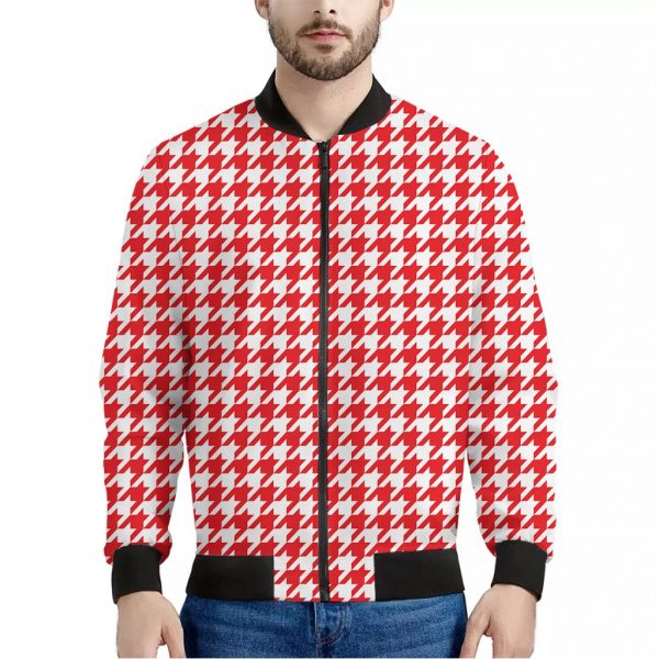 Red And White Houndstooth Pattern Print Bomber Jacket