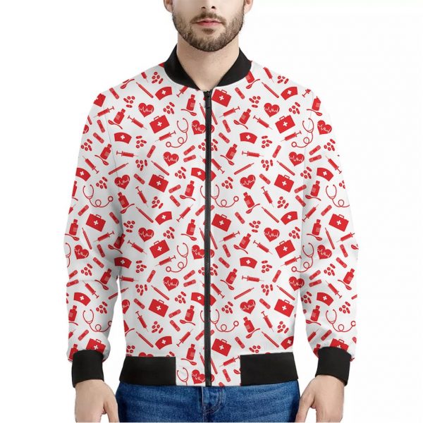 Red And White Nurse Pattern Print Bomber Jacket