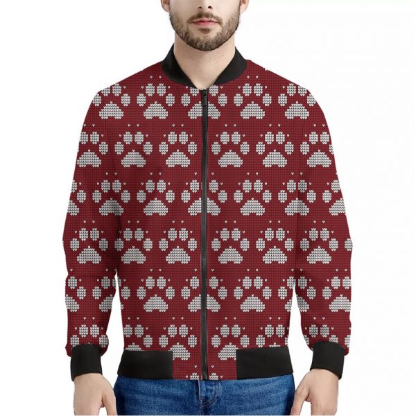 Red And White Paw Knitted Pattern Print Bomber Jacket