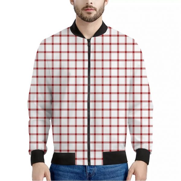 Red And White Tattersall Pattern Print Bomber Jacket