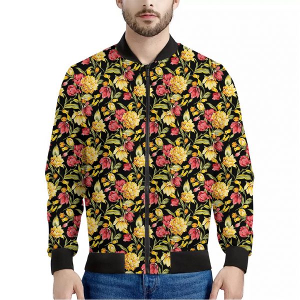 Red And Yellow Flowers Print Bomber Jacket