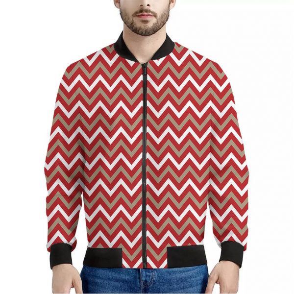 Red Beige And White Chevron Print Bomber Jacket