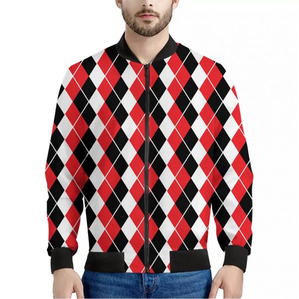 Red Black And White Argyle Print Bomber Jacket
