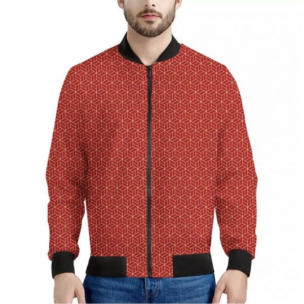 Red Geometric Japanese Pattern Print Bomber Jacket