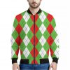 Red Green And White Argyle Pattern Print Bomber Jacket