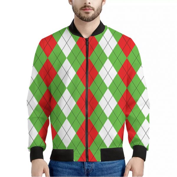 Red Green And White Argyle Pattern Print Bomber Jacket
