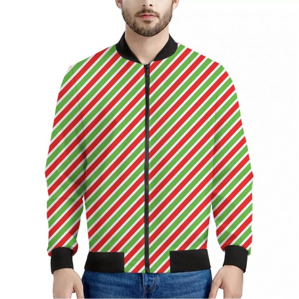 Red Green And White Candy Cane Print Bomber Jacket