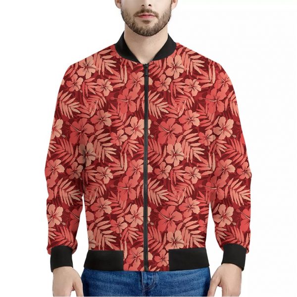 Red Hawaiian Tropical Pattern Print Bomber Jacket