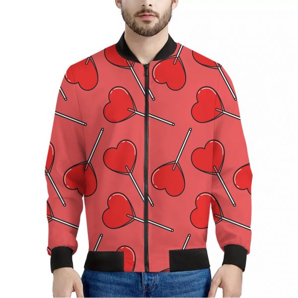 Red Heart Lollipop Pattern Print Bomber Jacket
