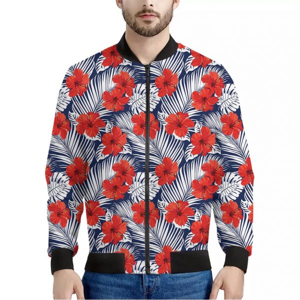 Red Hibiscus Tropical Pattern Print Bomber Jacket