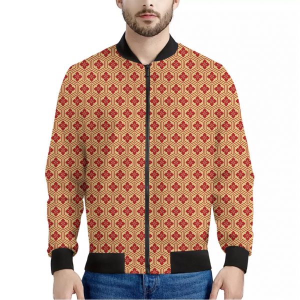 Red Japanese Flower Pattern Print Bomber Jacket