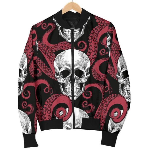 Red Octopus Skull Pattern Print Bomber Jacket
