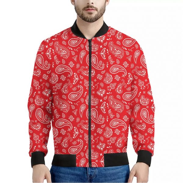 Red Paisley Bandana Pattern Print Bomber Jacket