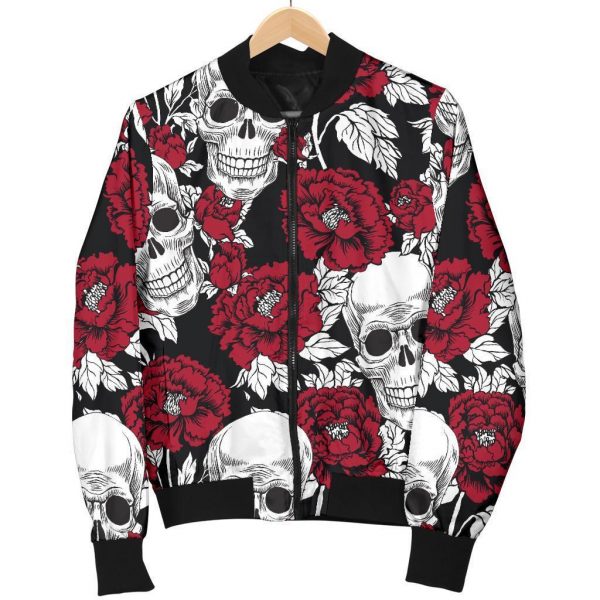 Red Peony Skull Pattern Print Bomber Jacket