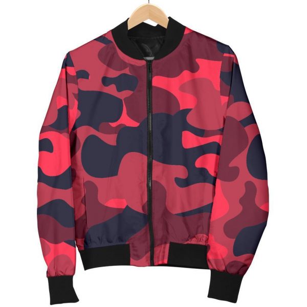Red Pink And Black Camouflage Print Bomber Jacket