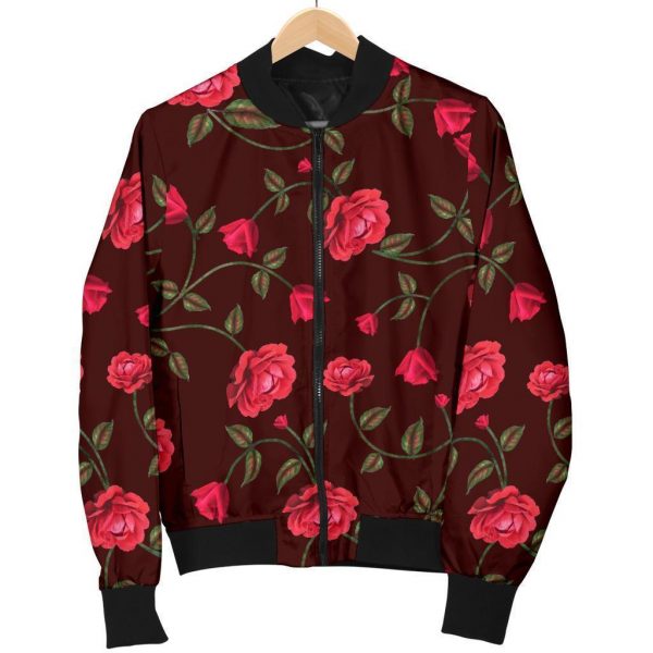 Red Rose Floral Flower Pattern Print Bomber Jacket